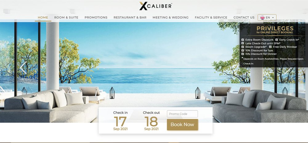 An Xcaliber sample hotel website design: a full-width hero photograph with the check-in and check-out booking bar and a Book Now button centred over it, and a direct-booking privileges panel to the right