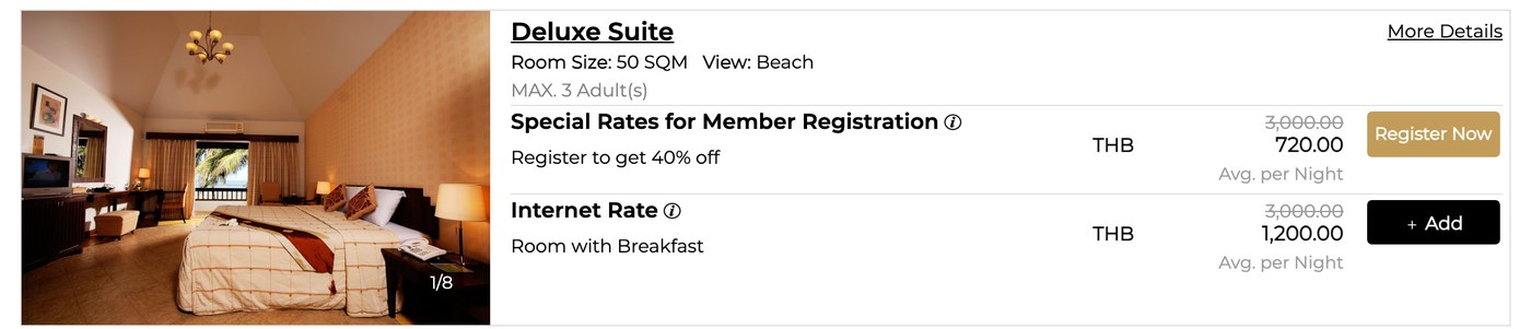 A room row showing the member rate at THB 720 beside the public internet rate at THB 1,200, with a Register Now button