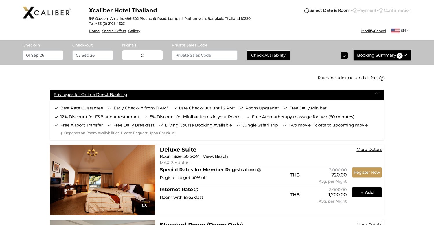 Step one of the Xcaliber booking engine: the search bar with a private sales code field, the direct-booking privileges panel, and room rates showing a member rate beside the public internet rate
