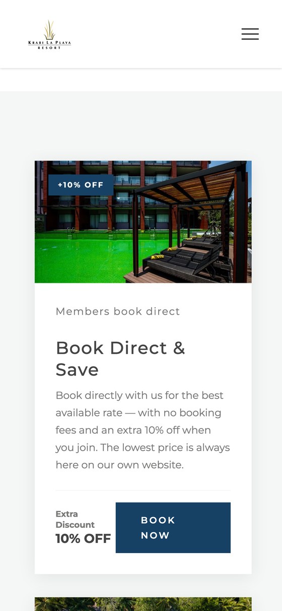 The Krabi La Playa offers page on a phone, showing a Book Direct and Save package with 10% extra discount and an Early Bird Saver package